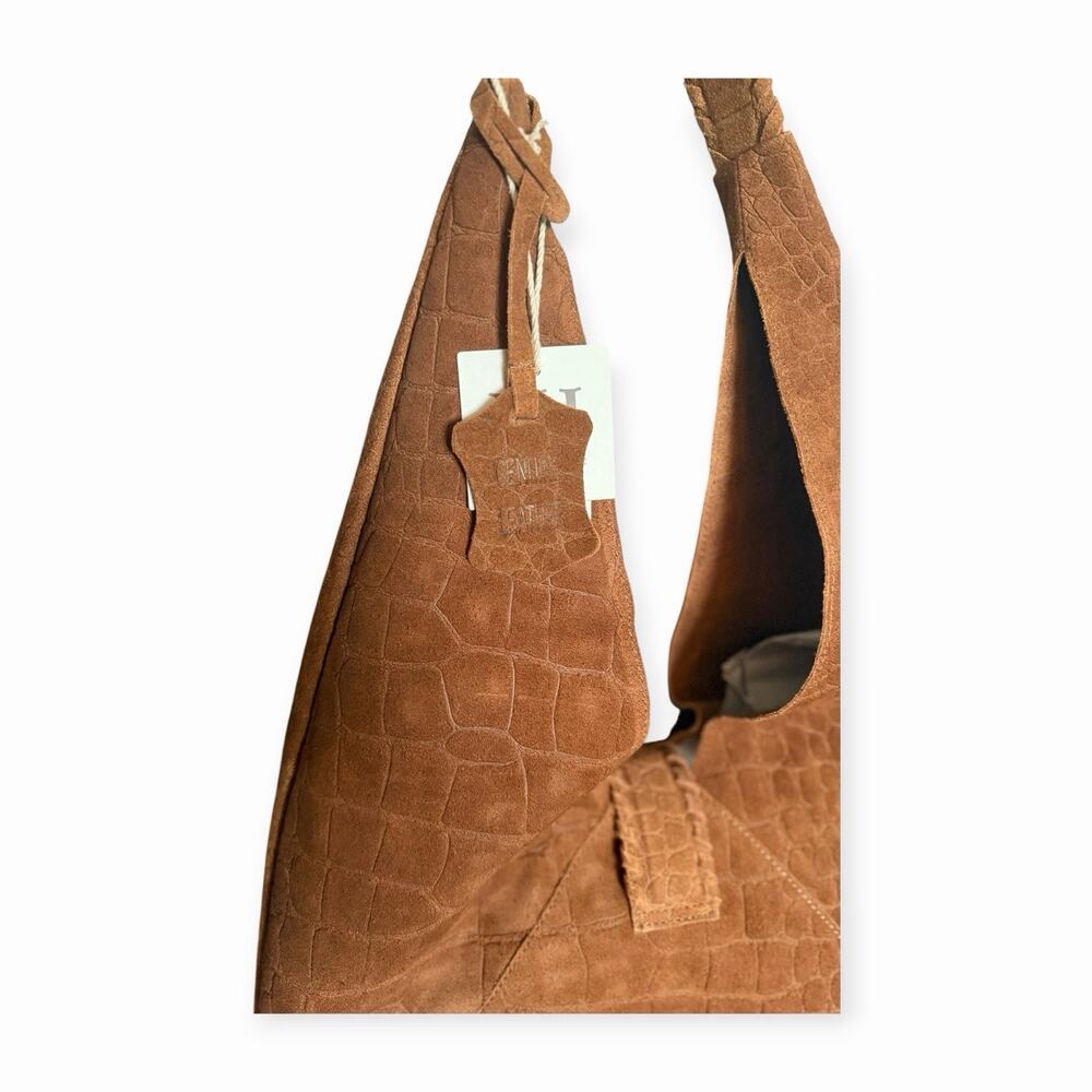 NWT Haute Hippie Triangle Suede Hobo Bag Brown Croc Embossed Boho Shoulder Bag - Picture 5 of 8
